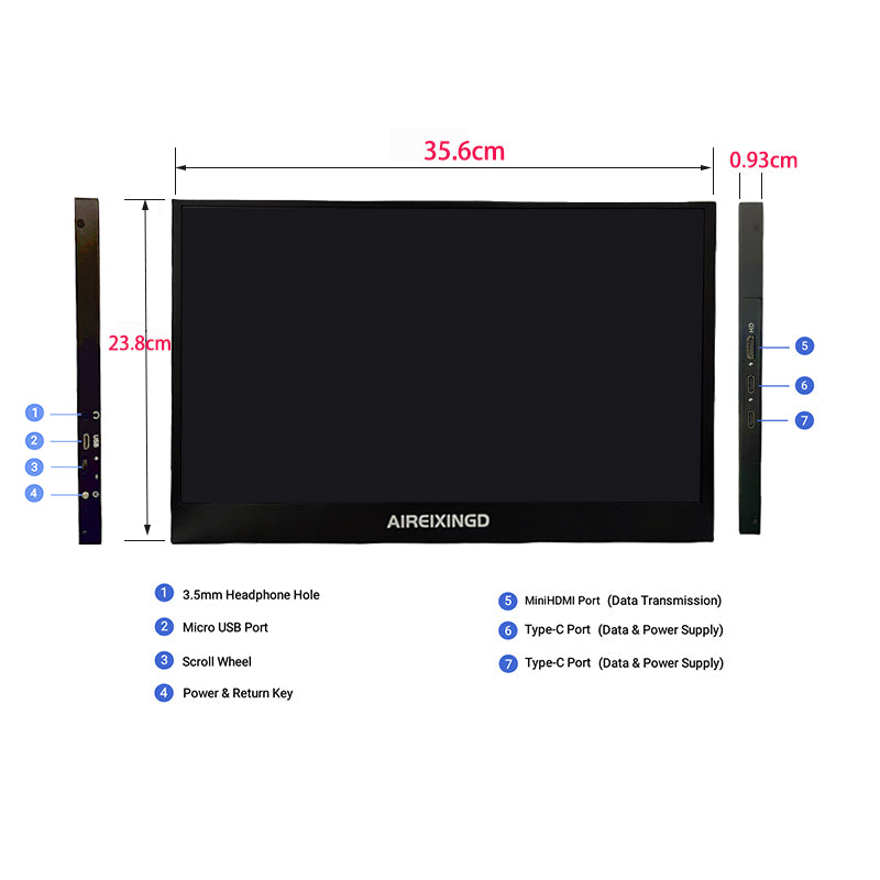 AIREIXINGD 16.0“ 1080P 144Hz Portable Monitor USB C Laptop Monitor w/ 100% DCI-P3 HDMI Computer Gaming Display For Mac
