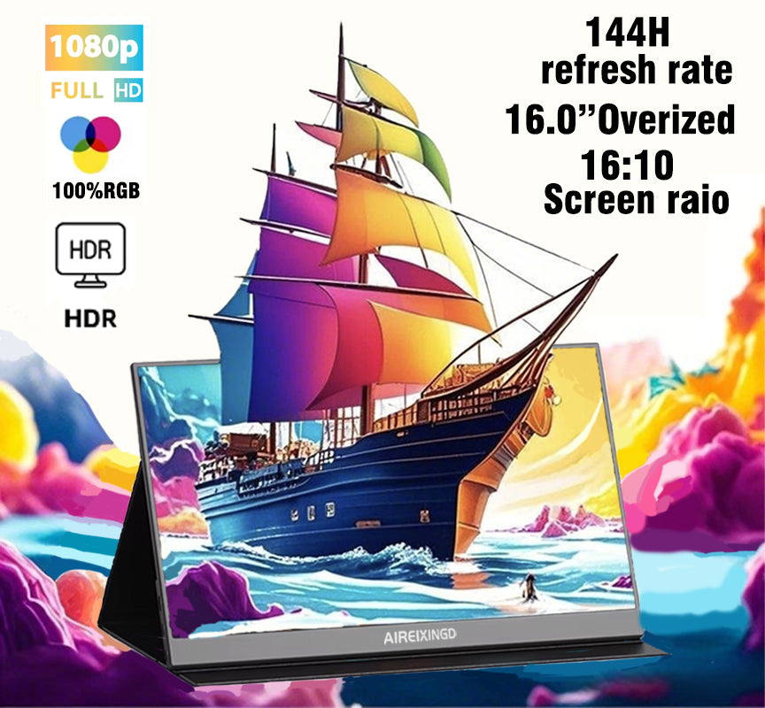 AIREIXINGD 16.0“ 1080P 144Hz Portable Monitor USB C Laptop Monitor w/ 100% DCI-P3 HDMI Computer Gaming Display For Mac