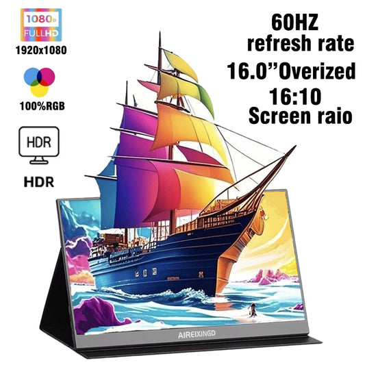 16inch  Portable Monitor 16:10 IPS Screen with type-c mini hdmi Second Display for MAC/Laptop/PC/Xbox/PS4/5/Switch,